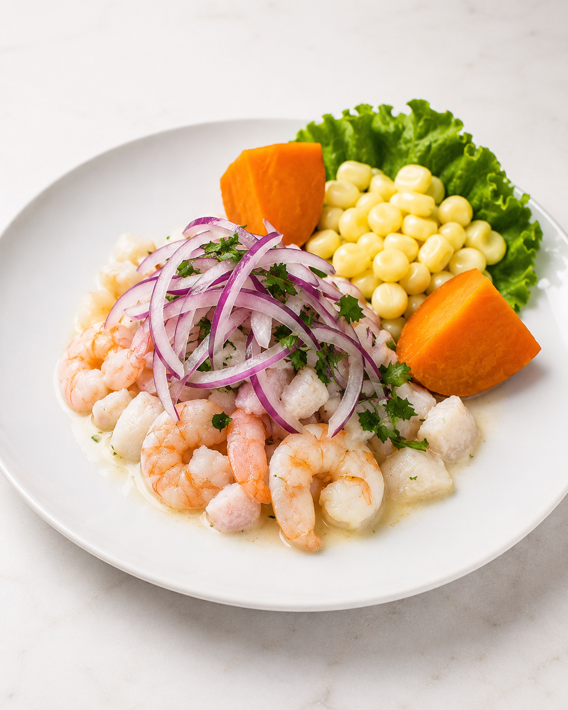 Ceviche 595 ceviche de mariscos with shrimp, fish, red onion, choclo and sweet potato