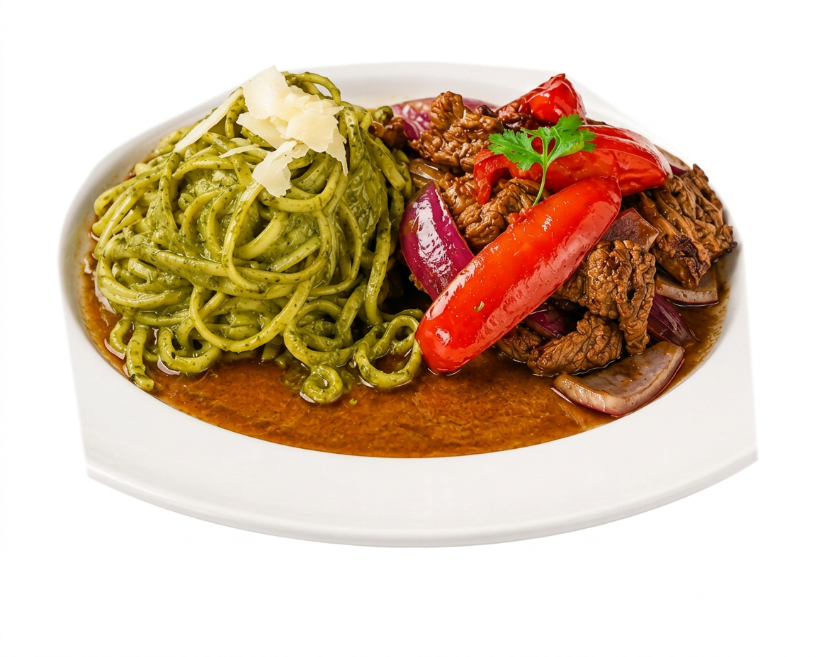 Tallarín verde with lomo saltado plated at Ceviche 595
